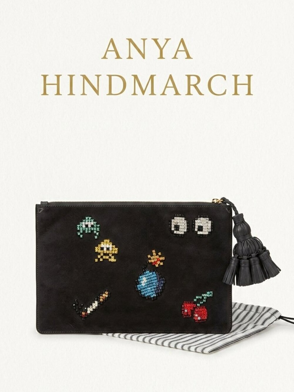 Anya Hindmarch Space Invaders Eyes Clutch Black Leather Embroidered Pouch Collec